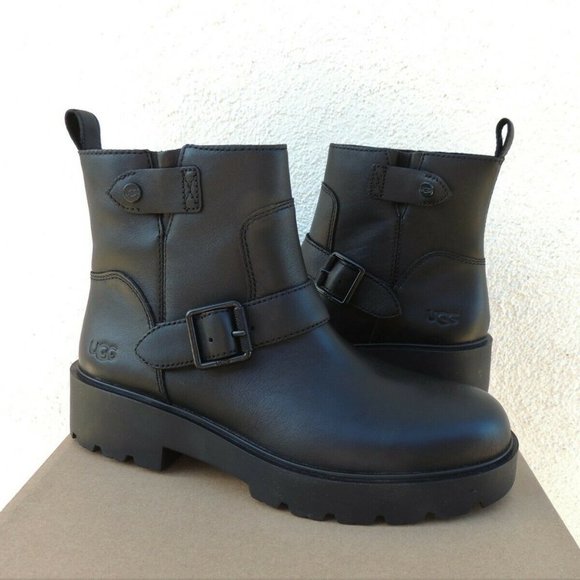 NIB UGG SAOIRSE WATERPROOF LEATHER MOTO ANKLE‎ BOOTS 8.5 BLACK - Picture 1 of 10
